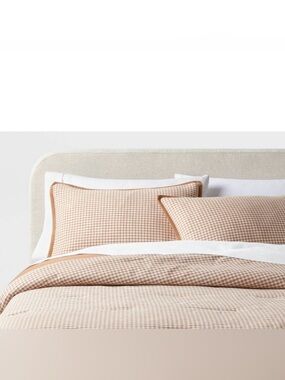 THRESHOLD NWT 3pc Mini Gingham Comforter &  Sham Set -Camel -full/queen